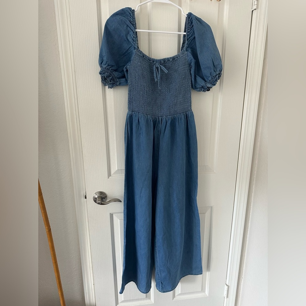 Puff sleeve chambray jumpsuit
